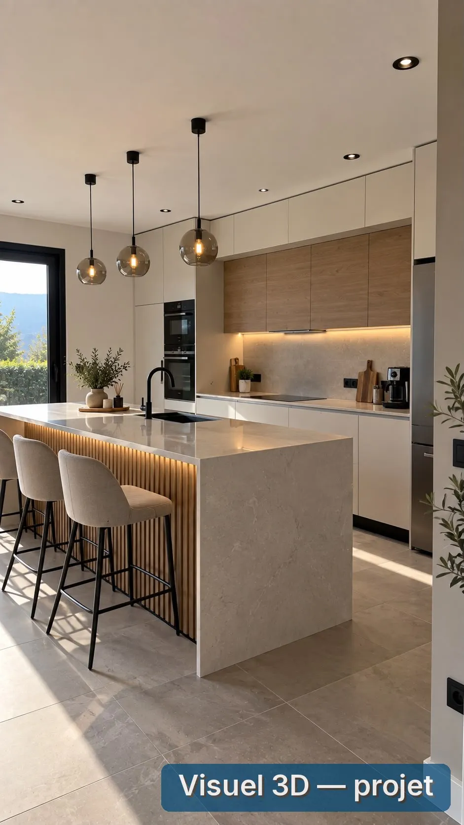 Visuel 3D : cuisine avec îlot central à claustra bois et suspensions