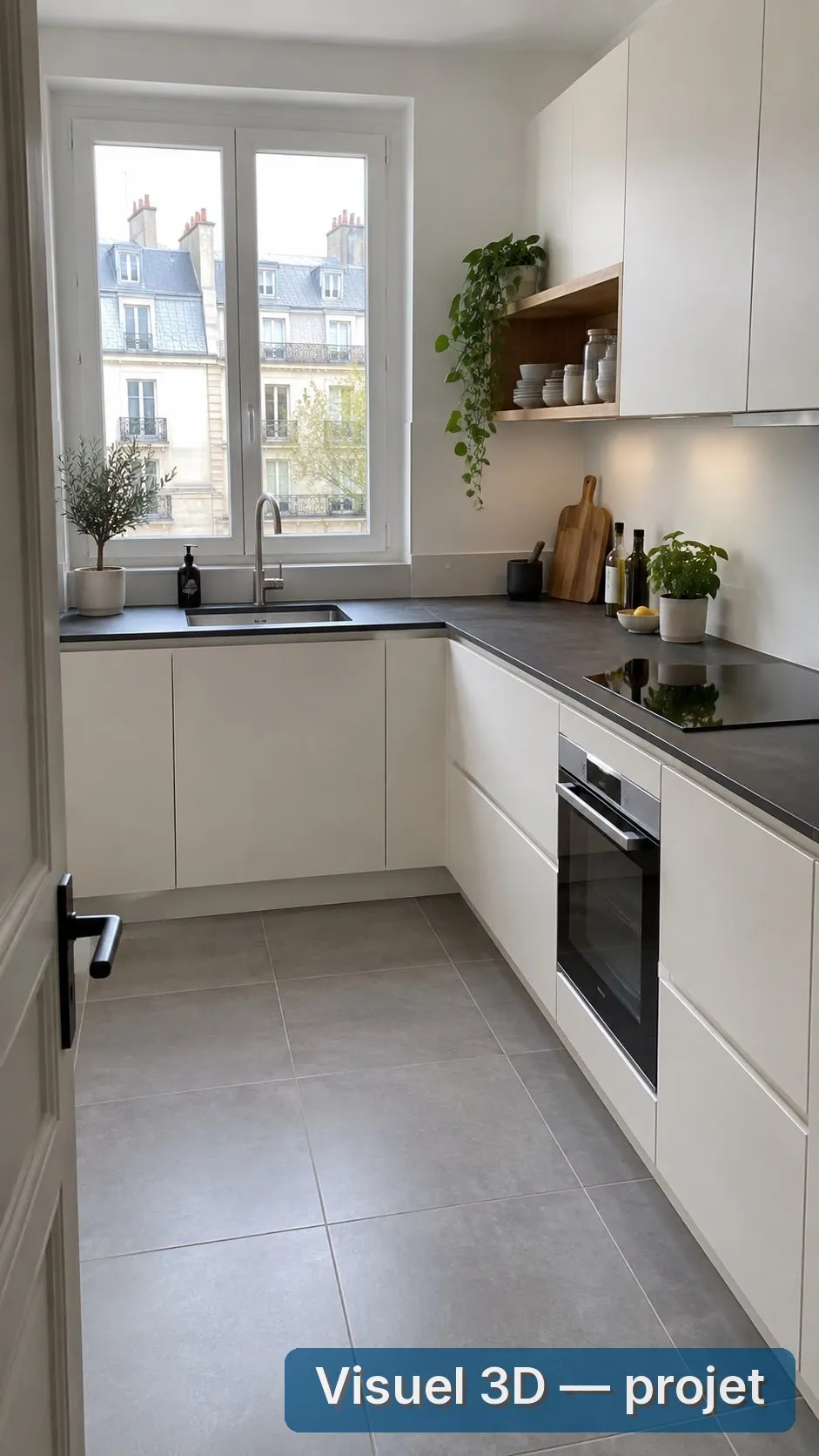 Visuel 3D : cuisine blanche épurée avec plan de travail noir