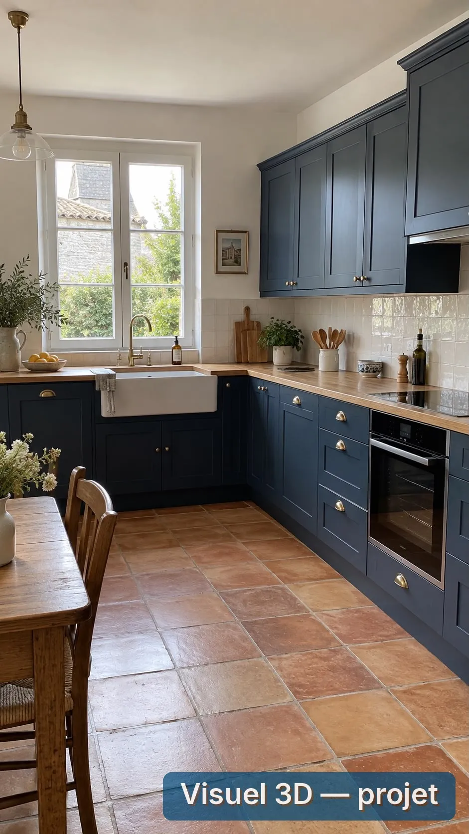 Visuel 3D : cuisine bleu nuit et tomettes