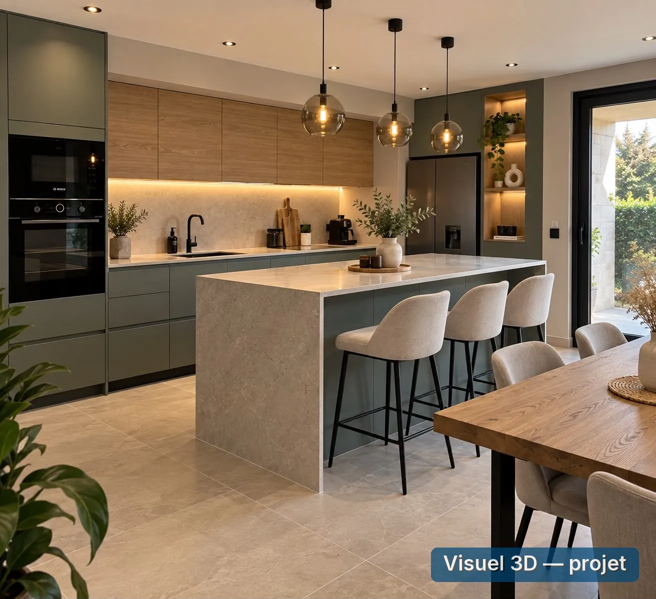 Visuel 3D : cuisine ouverte avec îlot et façades vert olive