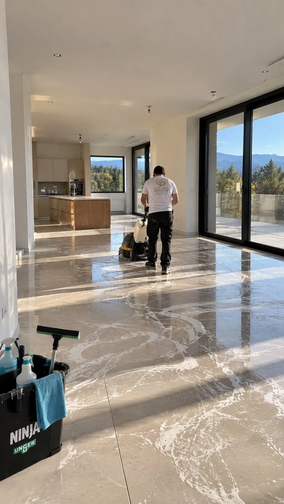 Lavage des sols d’un séjour après travaux