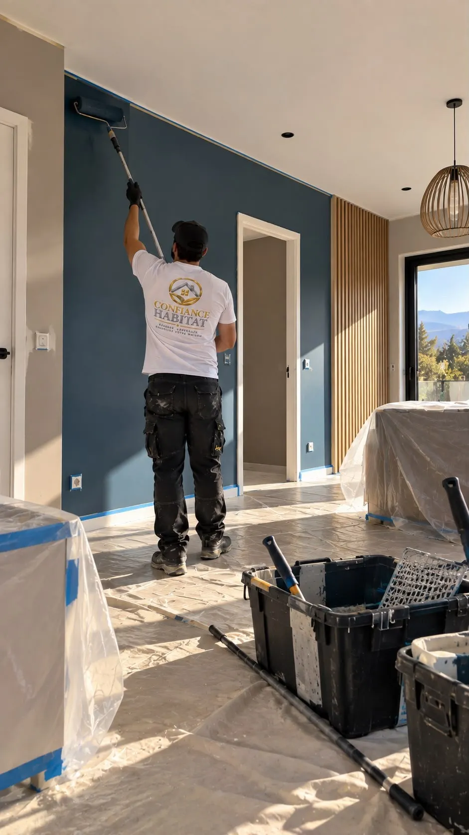 Peinture d’un mur bleu canard au rouleau, sols protégés