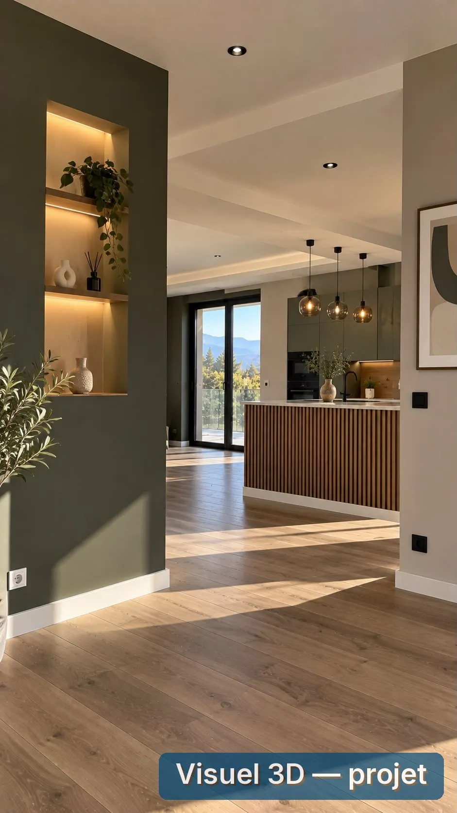 Visuel 3D : séjour avec mur vert olive et niche éclairée