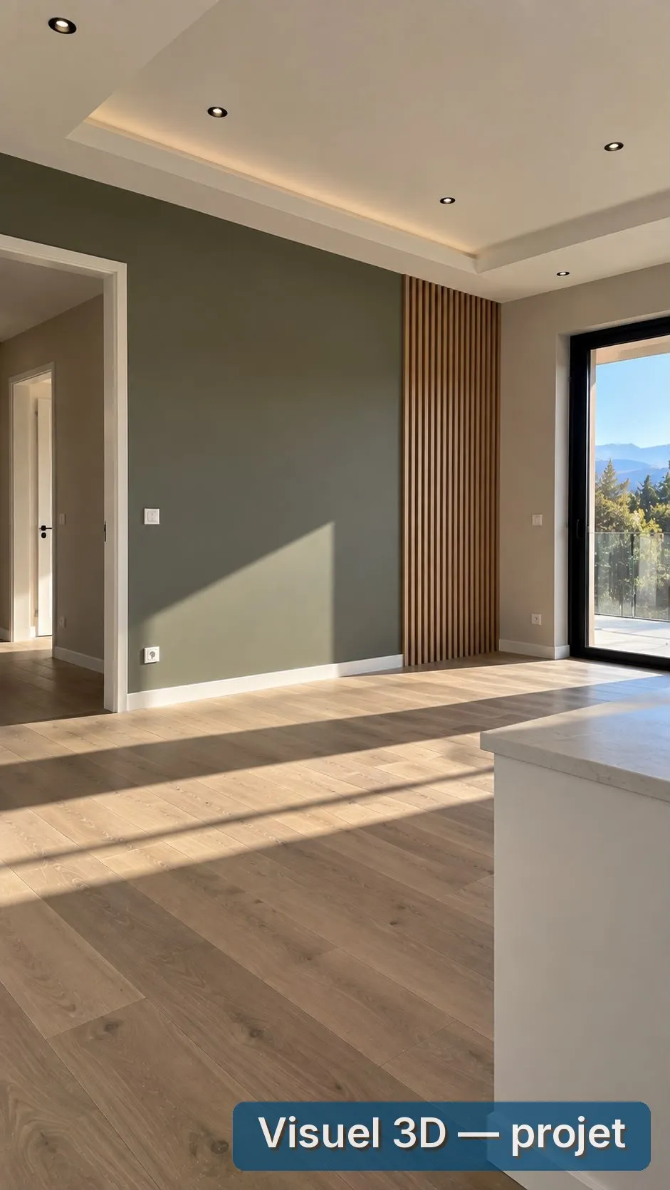 Visuel 3D : séjour vert olive avec claustra bois