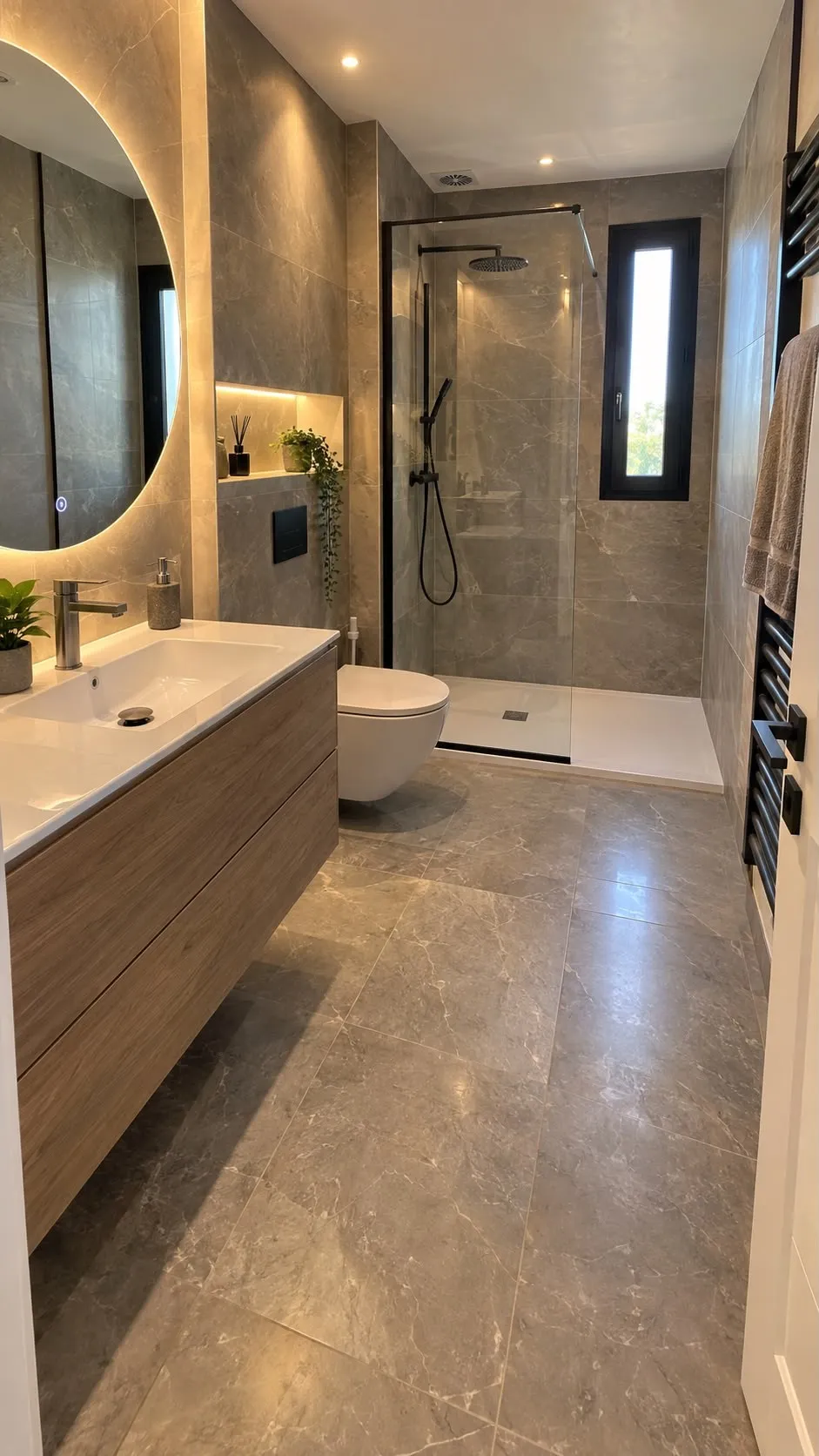 Salle de bain rénovée — douche à l’italienne, meuble vasque et miroir rond