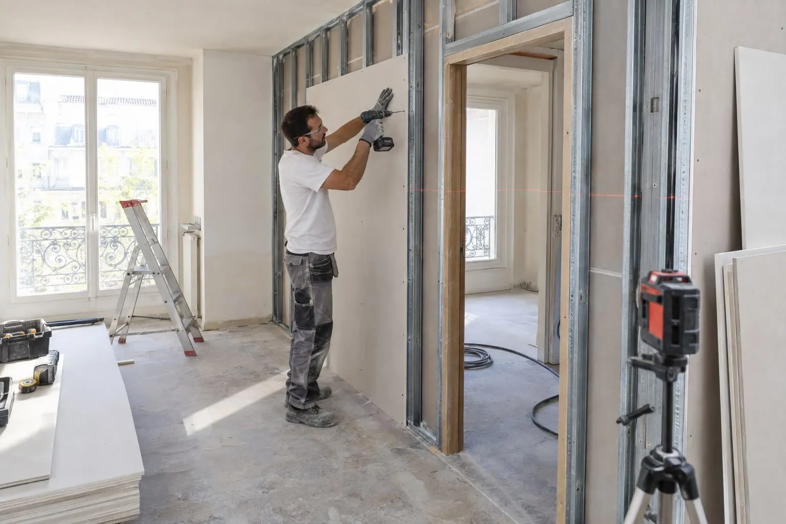 Pose de cloisons en plaques de plâtre sur ossature métallique